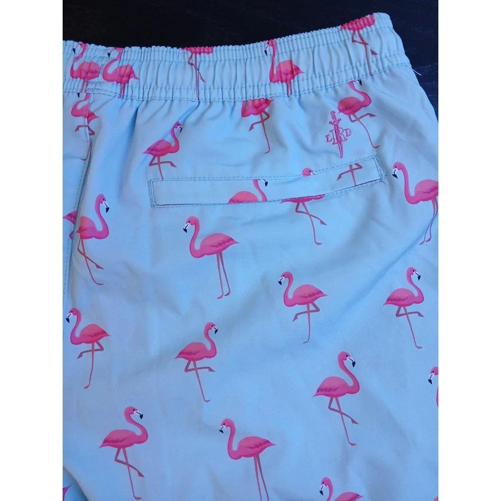 LRD Performance Mens Flamingo Print Swim Trunks Blue Pink Compression Liner Sz M